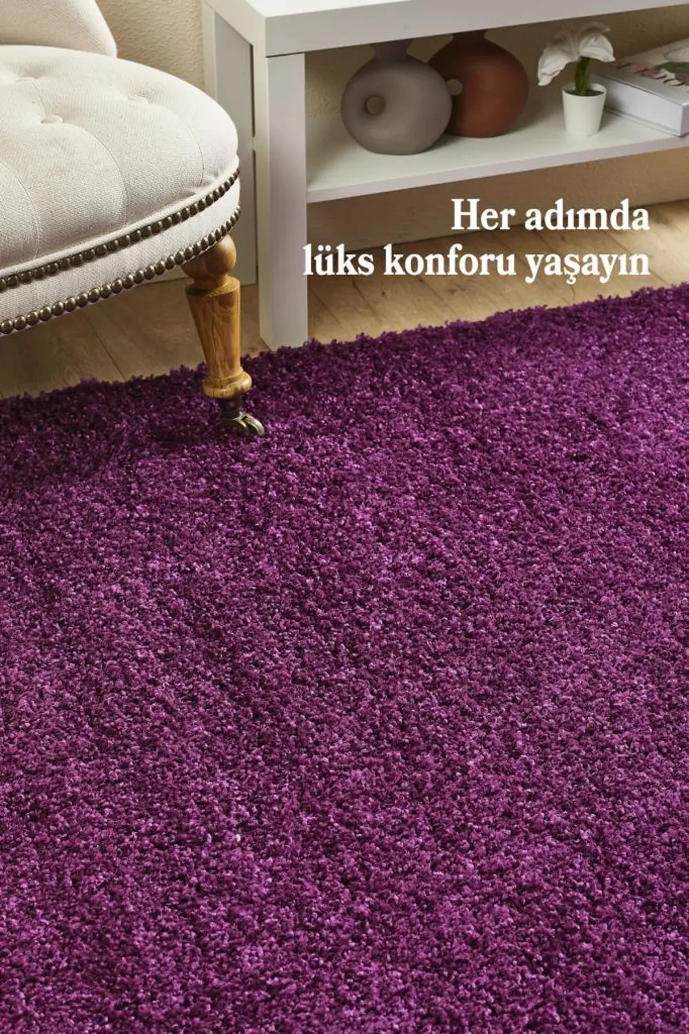Tek Renk Desensiz Lila Yumuşak Post Peluş Shaggy Halı Salon Oturm