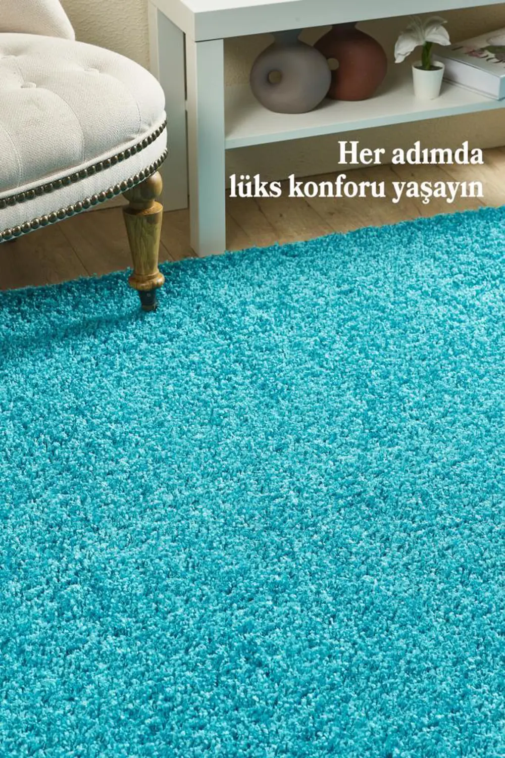 Tek Renk Desensiz Mavi Yumuşak Post Peluş Shaggy Halı Salon Oturm