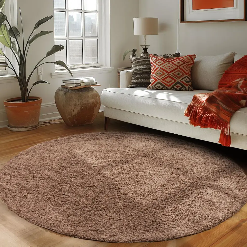 Tek Renk Desensiz Moka Yuvarlak Yumuşak Post Peluş Shaggy Halı Sa