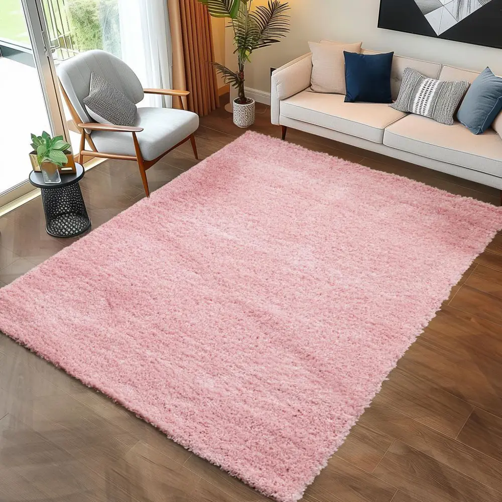 Tek Renk Desensiz Pembe Yumuşak Post Peluş Shaggy Halı Salon Otur