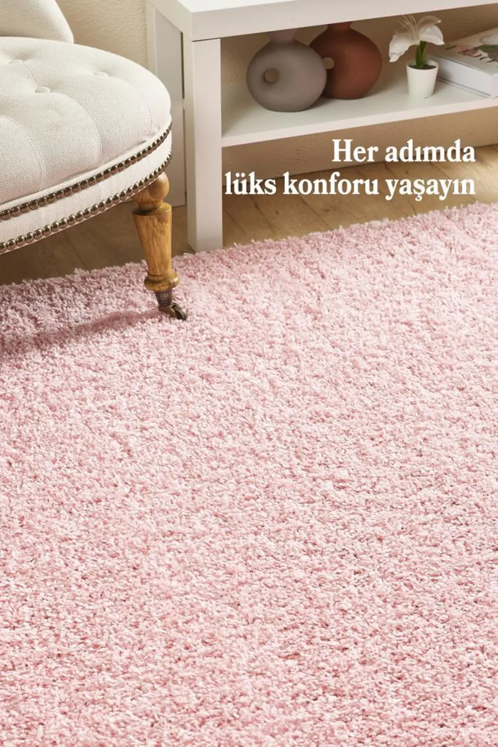 Tek Renk Desensiz Pembe Yumuşak Post Peluş Shaggy Halı Salon Otur