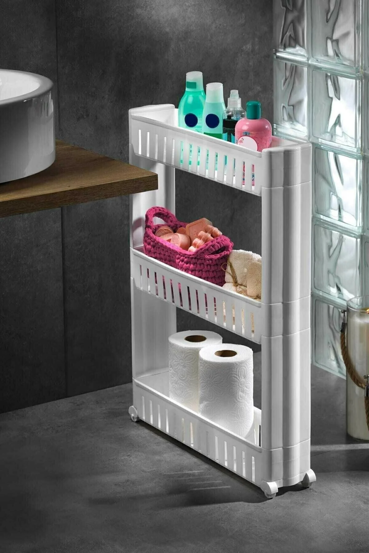 Tekerlekli Dikdörtgen 3 Katlı Raf Ünitesi - Banyo Mutfak Düzenley