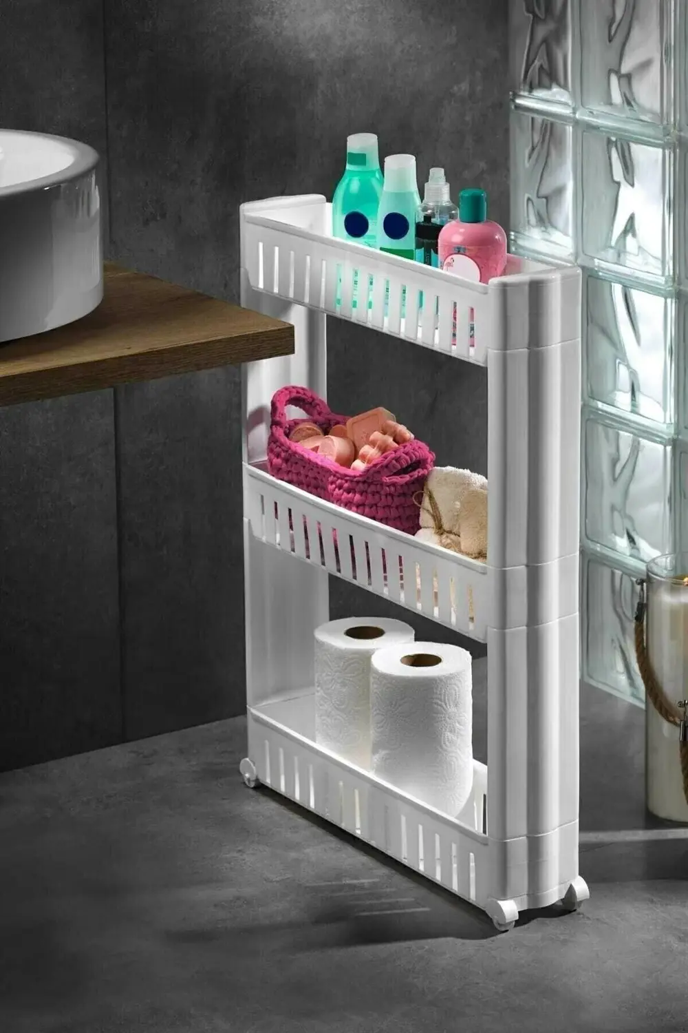 Tekerlekli Dikdörtgen 3 Katlı Raf Ünitesi - Banyo Mutfak Düzenley