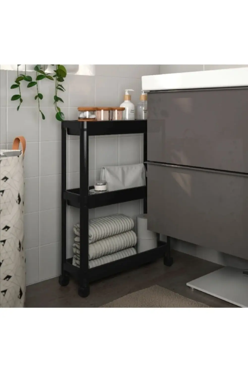 Tekerlekli Dikdörtgen 3 Katlı Raf Ünitesi - Banyo Mutfak Düzenley