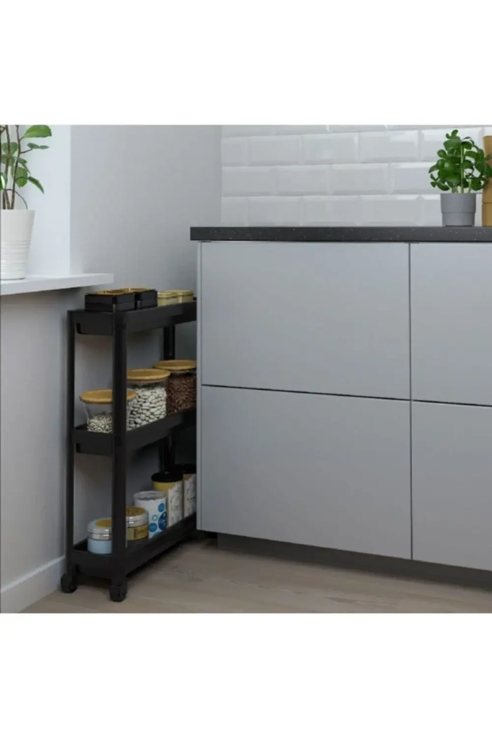 Tekerlekli Dikdörtgen 3 Katlı Raf Ünitesi - Banyo Mutfak Düzenley