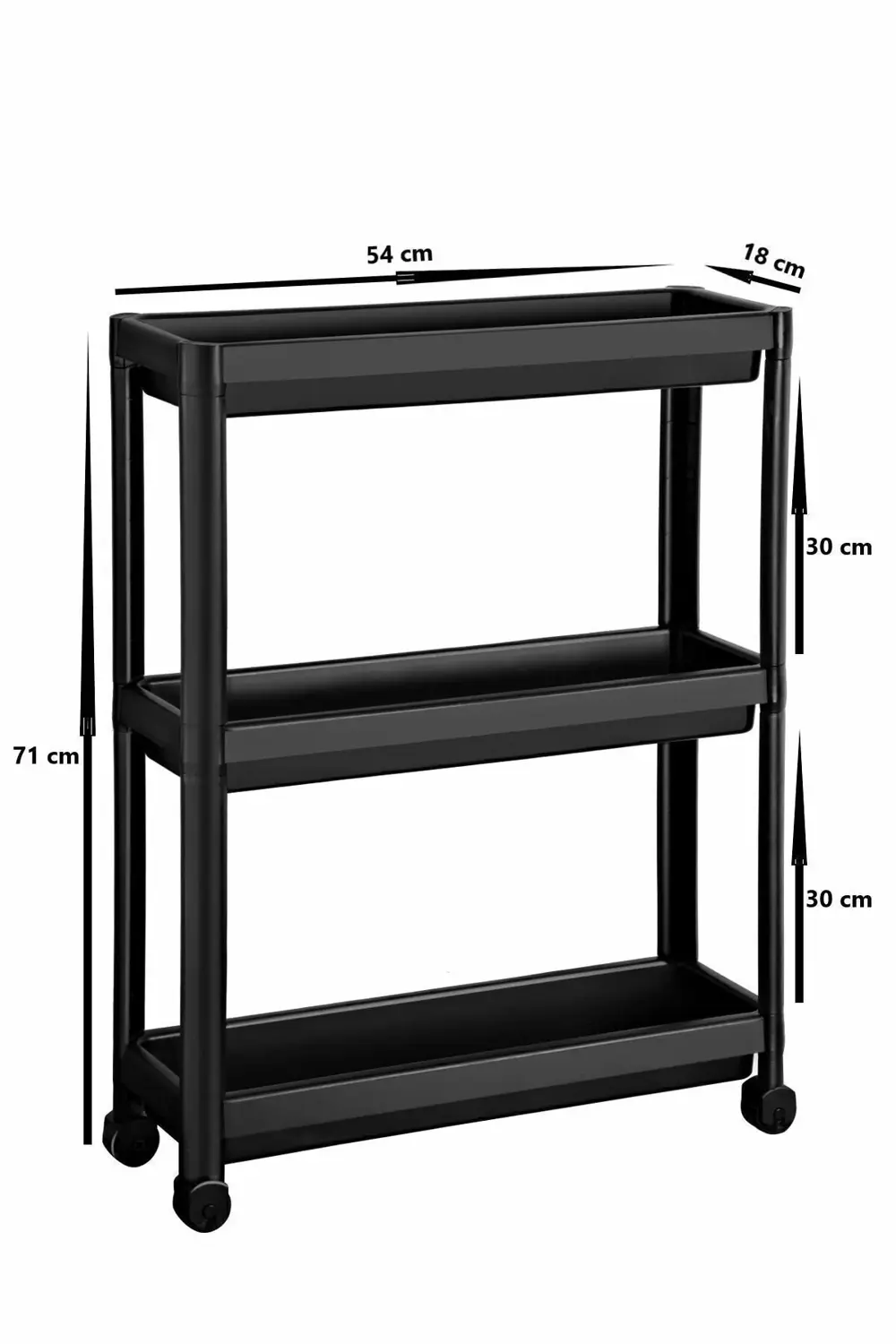 Siyah Tekerlekli Dikdörtgen 3 Katlı Raf Ünitesi - Banyo Mutfak Dü