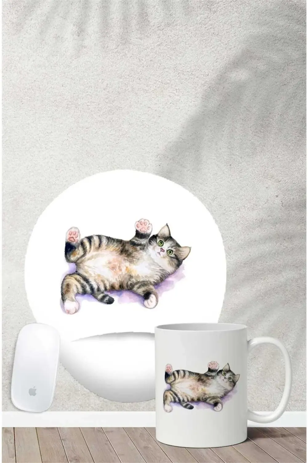 Tekir Kedi Desenli Bilek Destekli Mouse Pad Kupa Seti