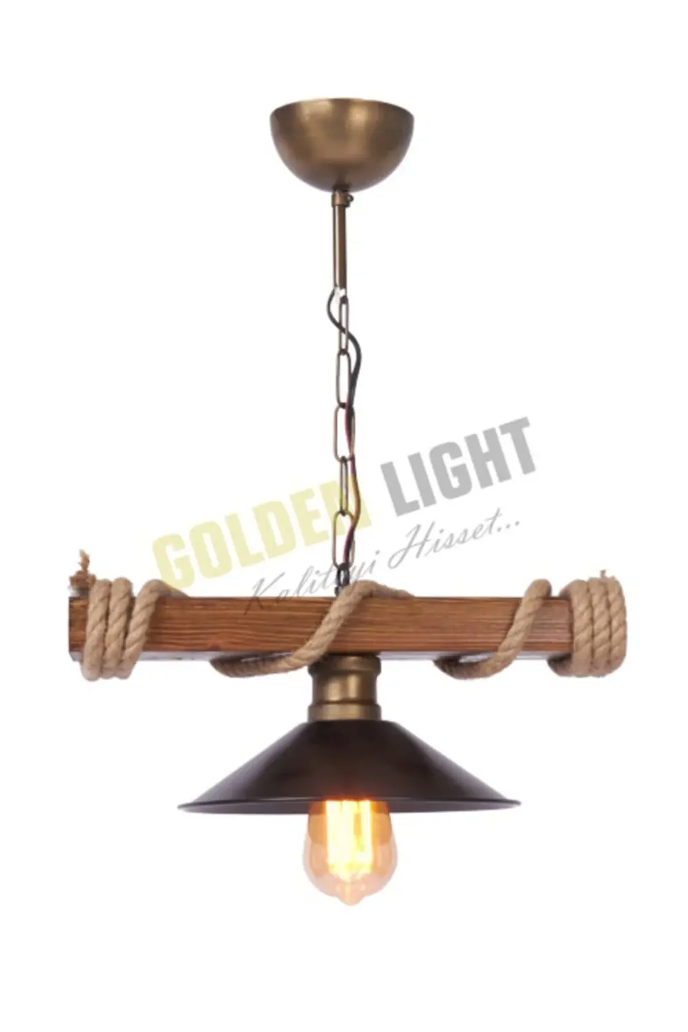 Golden Light Tekli Ahşap Rustik Şapkalı Avize