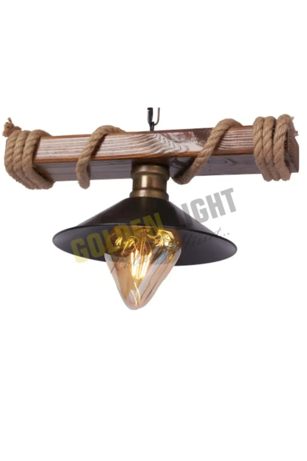 Golden Light Tekli Ahşap Rustik Şapkalı Avize