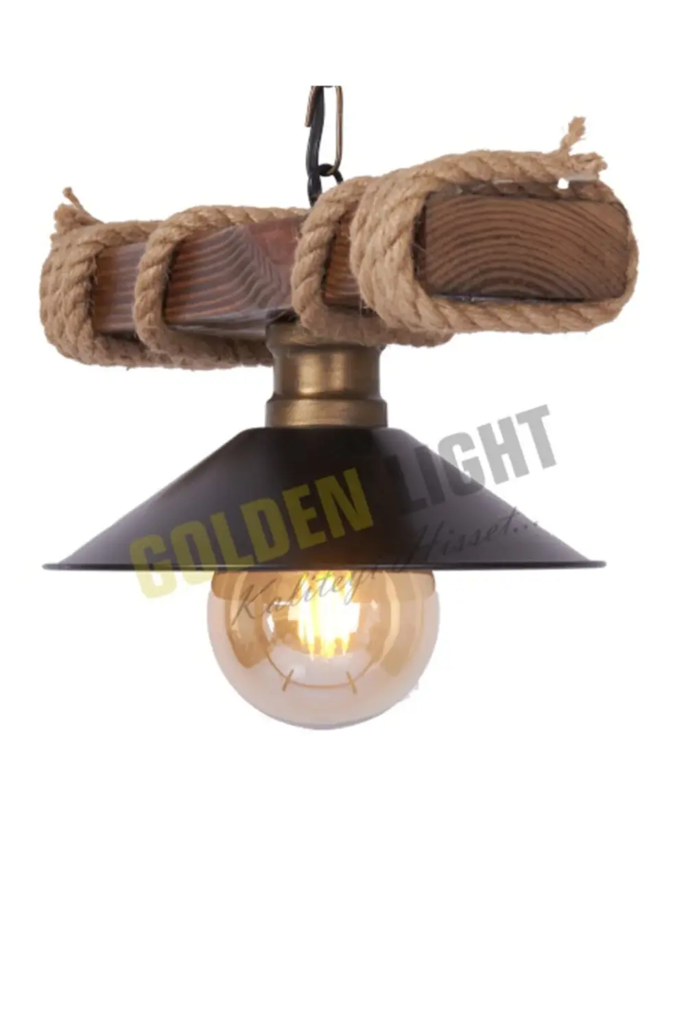 Golden Light Tekli Ahşap Rustik Şapkalı Avize