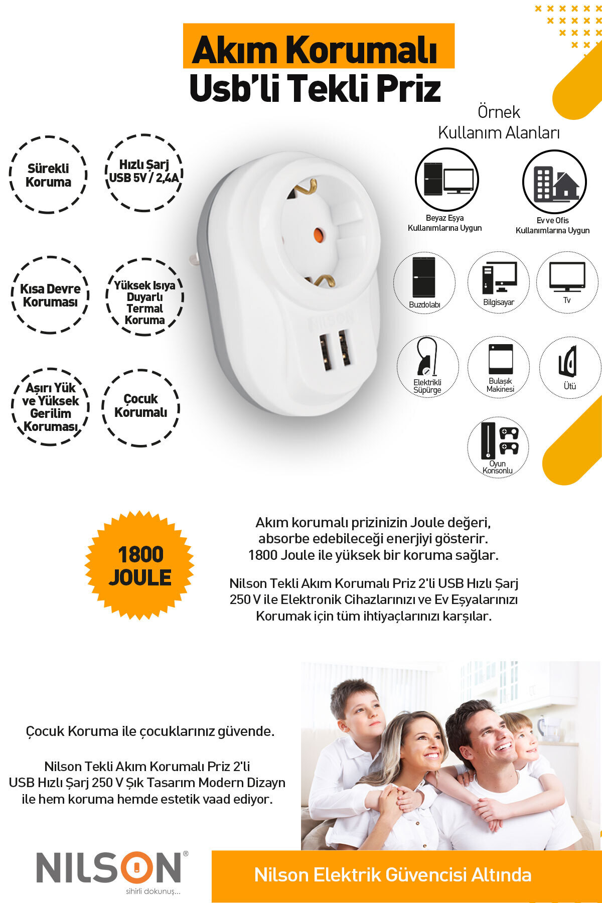 Tekli Akım Korumalı Priz 2'li Usb Hızlı Şarj