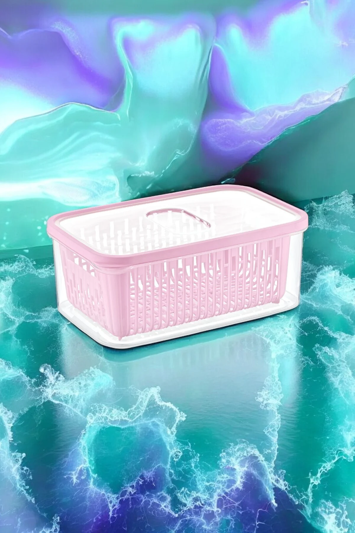 Tekli Premium Süzgeçli Pembe Saklama Kabı, 3,5lt Hacim, 23x17x11 