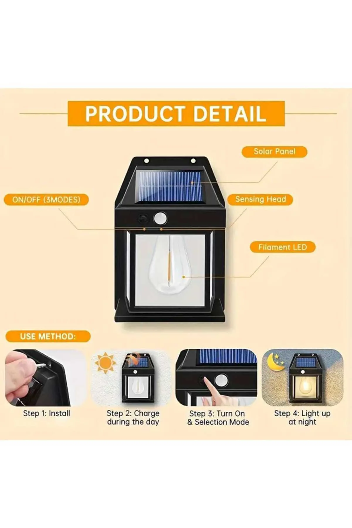 Tekli Suya Dayanıklı Hareket Sensörlü Güneş Enerjili Balkon Bahçe Aydınlatması Ampul Tekli Suya Dayanıklı Hareket Sensörlü Güneş Enerjili Balkon Bahçe Aydınlatması Ampul