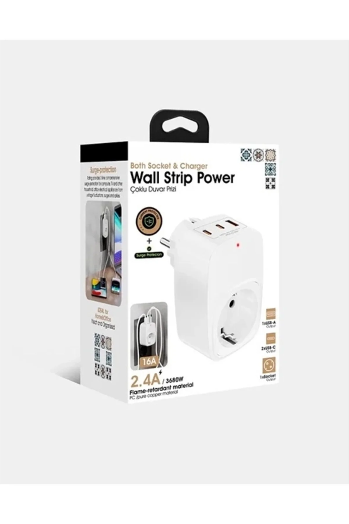 Tekli Yüksek Voltaj Korumalı Duvar Prizi 2x Type-c 1x Usb Çıkışlı