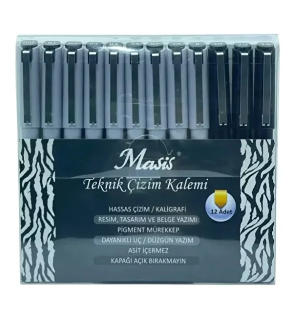 Masis Teknik Çizim Kalemi 12 Li Teknil Çizim Kalem Seti Siyah