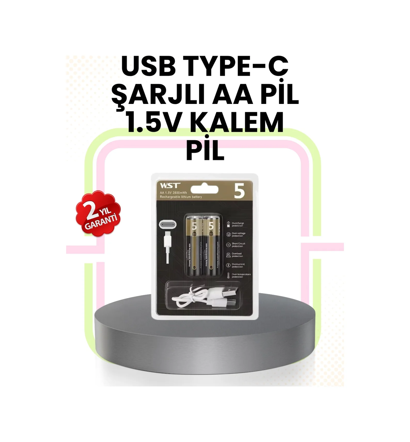 Tekrar Şarj Edilebilir Aa Usb Type-c Pil 1000+ Döngü 1.5v Sabit V
