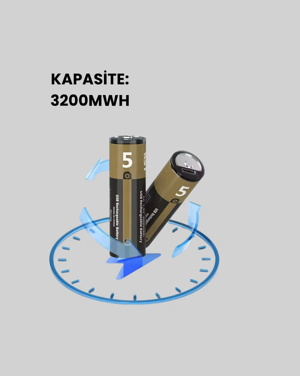 Tekrar Şarj Edilebilir AA USB Type-C Pil | 1000+ Döngü | 1.5V Sabit Voltaj