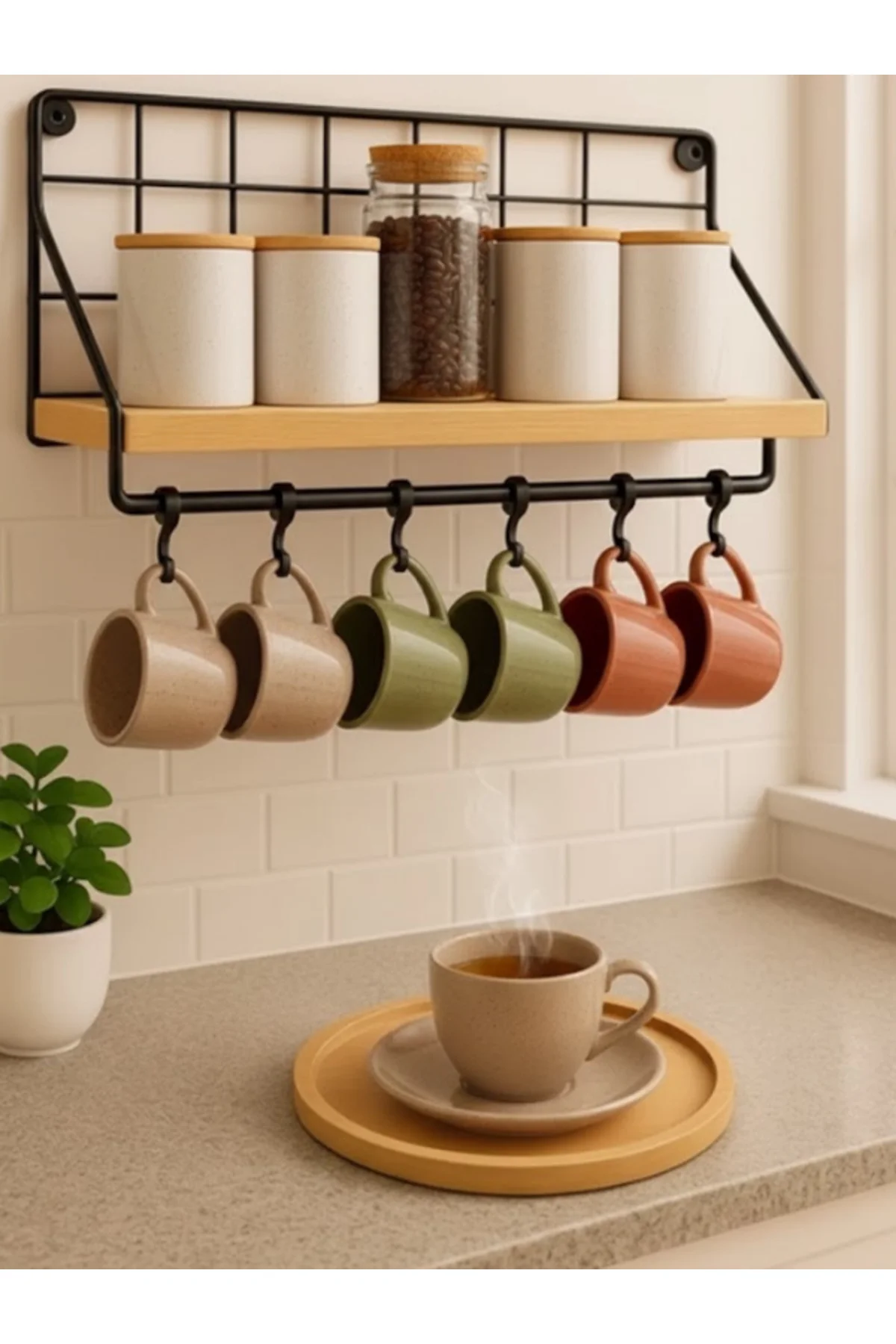 Tel Askılı Ahşap Standlı Kancalı Mutfak Rafı | Baharatlık & Çok A