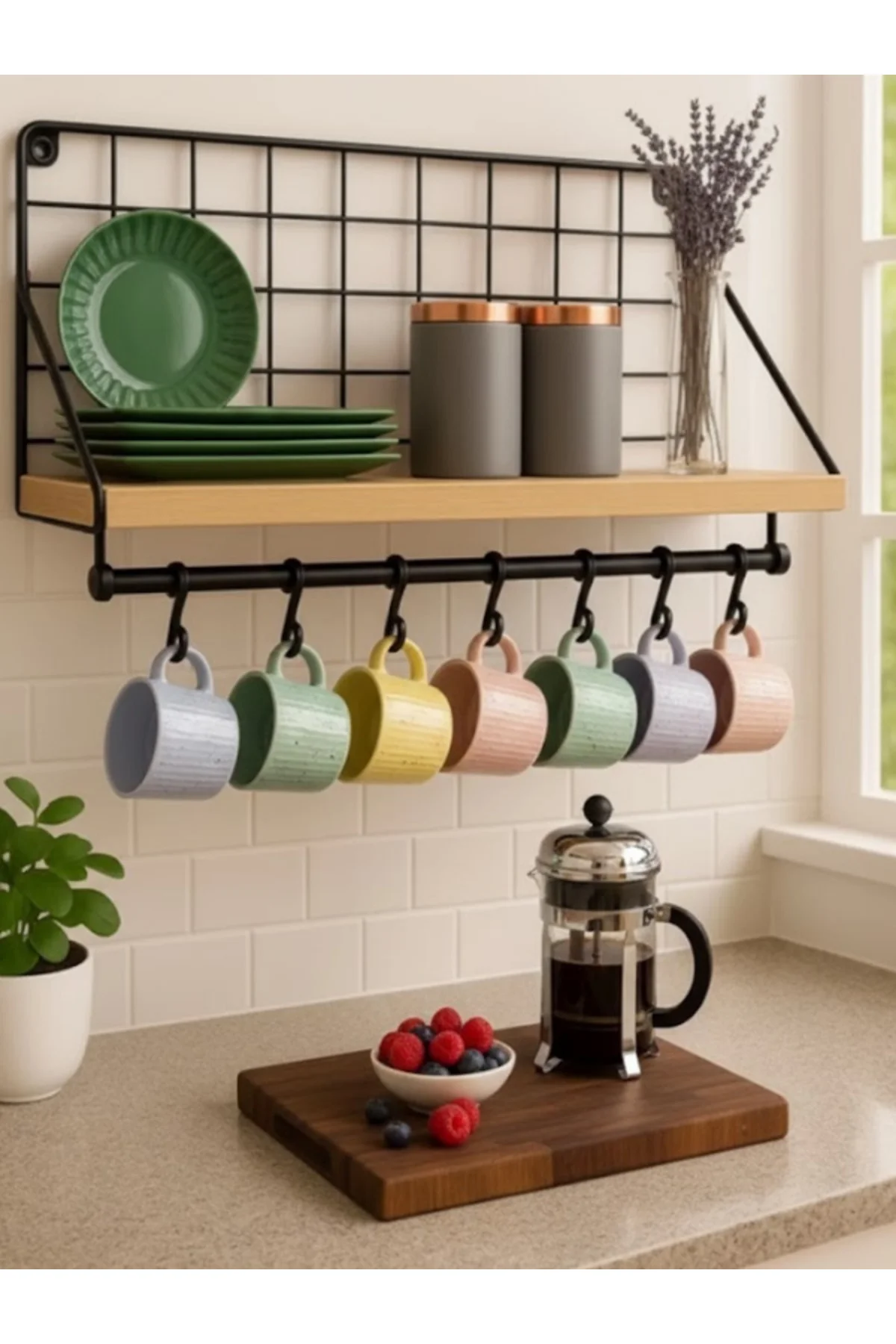 Tel Askılı Ahşap Standlı Kancalı Mutfak Rafı | Baharatlık & Çok A