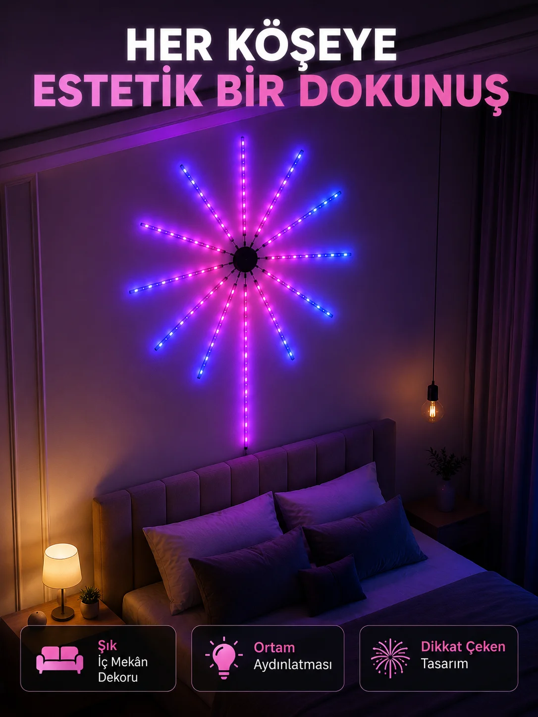 Telefon Kontrollü RGB Fireworks LED Işık Çok Renkli Dekoratif Duvar Lambası Telefon Kontrollü RGB Fireworks LED Işık Çok Renkli Dekoratif Duvar Lambası