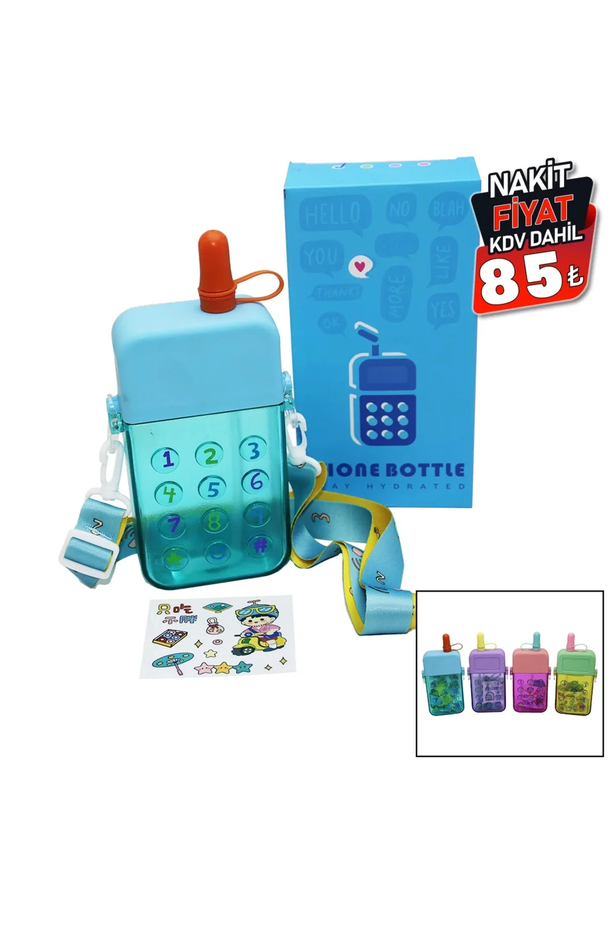 Telefon Modeli Su Matarası 300 ml - Pipetli Vidalı Kapak Askılı