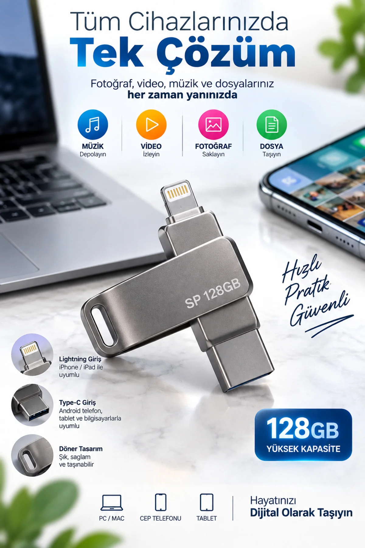 Telefon Tablet Ve Bilgisayar Uyumlu 128Gb Lightning Type C Çoklu Girişli Usb Bellek Telefon Tablet Ve Bilgisayar Uyumlu 128Gb Lightning Type C Çoklu Girişli Usb Bellek - Görsel 3