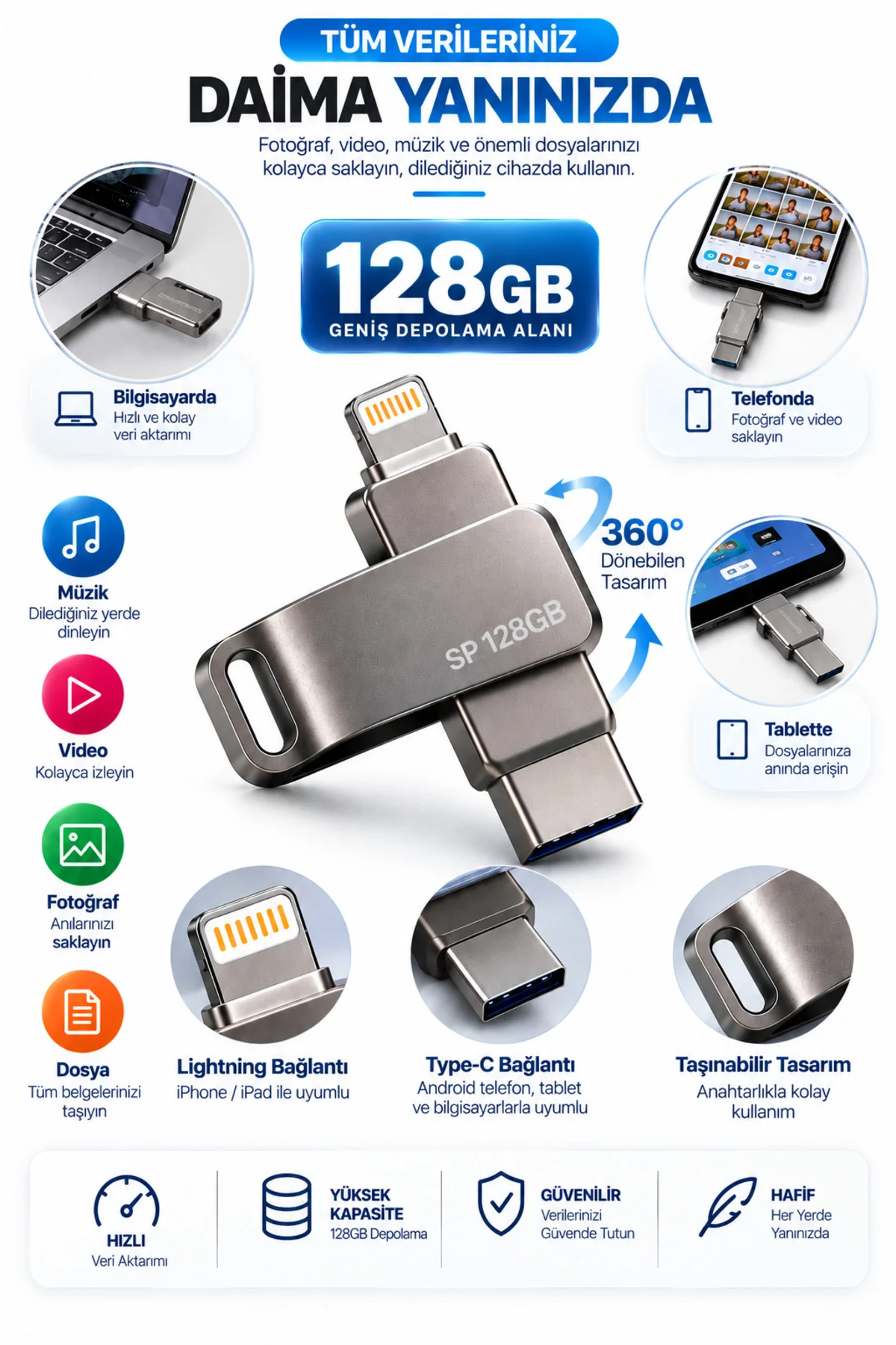 Telefon Tablet Ve Bilgisayar Uyumlu 128Gb Lightning Type C Çoklu Girişli Usb Bellek Telefon Tablet Ve Bilgisayar Uyumlu 128Gb Lightning Type C Çoklu Girişli Usb Bellek - Görsel 2