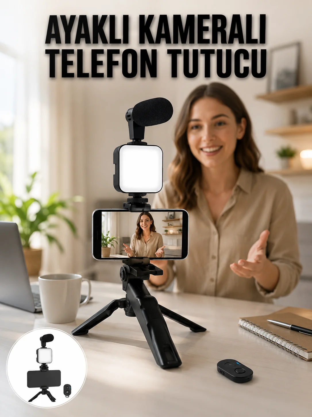 Telefon Tutucu Led Işıklı Kumandalı Mikrofon Telefon Vlog Video Kayıt Yeni Nesil Telefon Tutucu Led Işıklı Kumandalı Mikrofon Telefon Vlog Video Kayıt Yeni Nesil