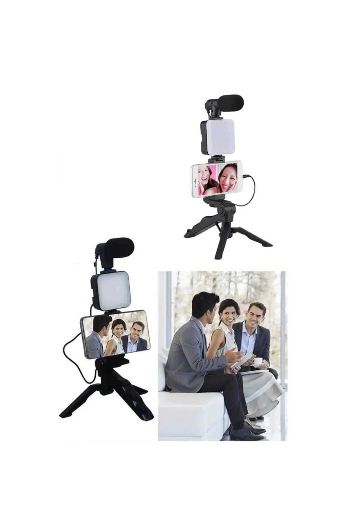 Telefon Tutucu Led Işıklı Kumandalı Mikrofon Telefon Vlog Video Kayıt - Görsel 3