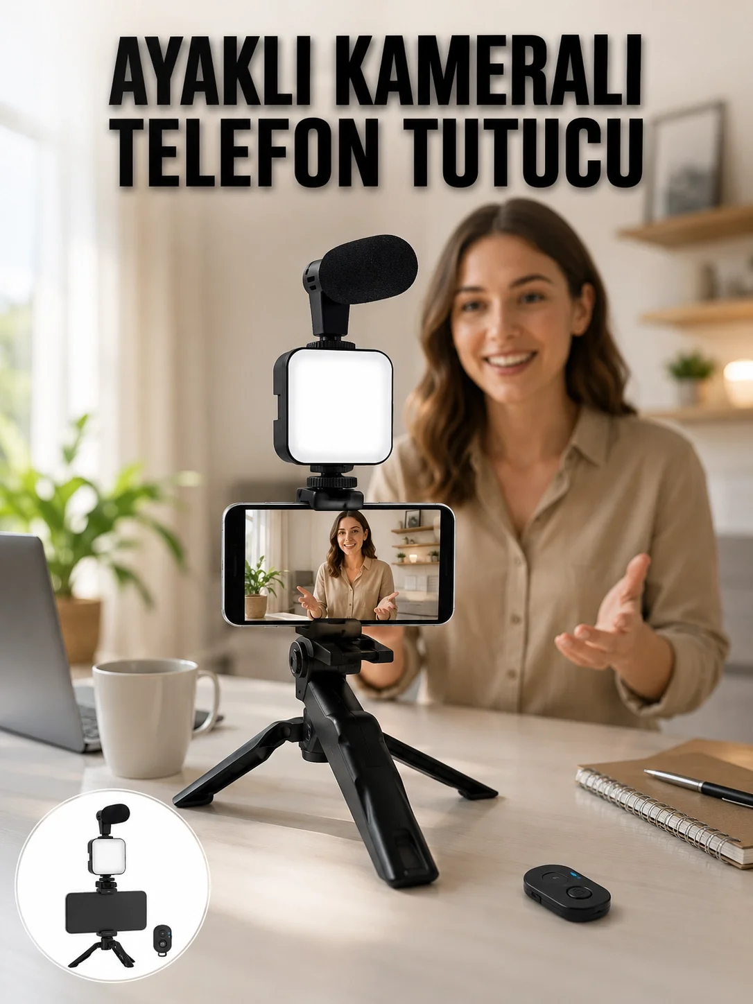 Telefon Tutucu Led Işıklı Kumandalı Mikrofon Telefon Vlog Video K