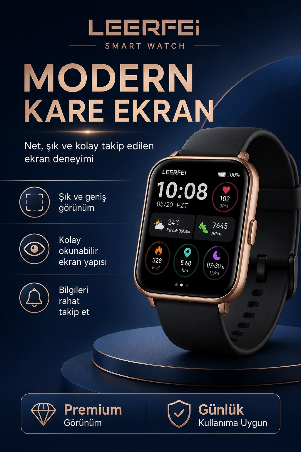Telefon Uyumlu Rose Gold Akıllı Saat Kablosuz Şarj Destekli Şık Tasarımlı Kullanım