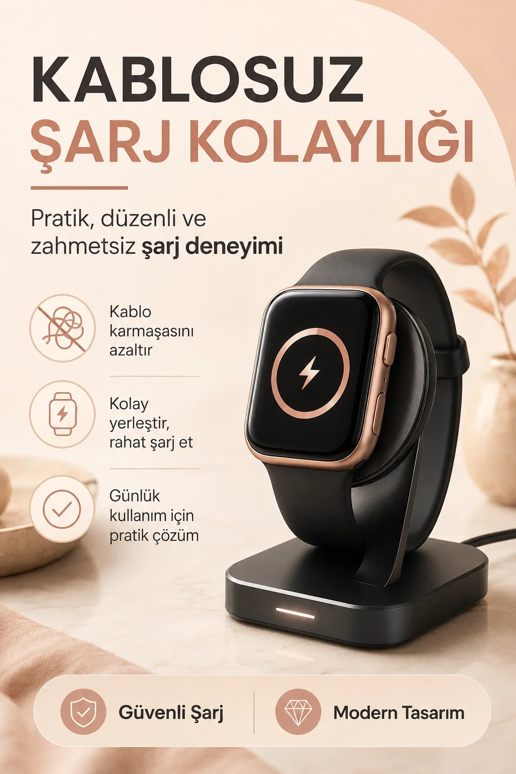 Telefon Uyumlu Rose Gold Akıllı Saat Kablosuz Şarj Destekli Şık Tasarımlı Kullanım