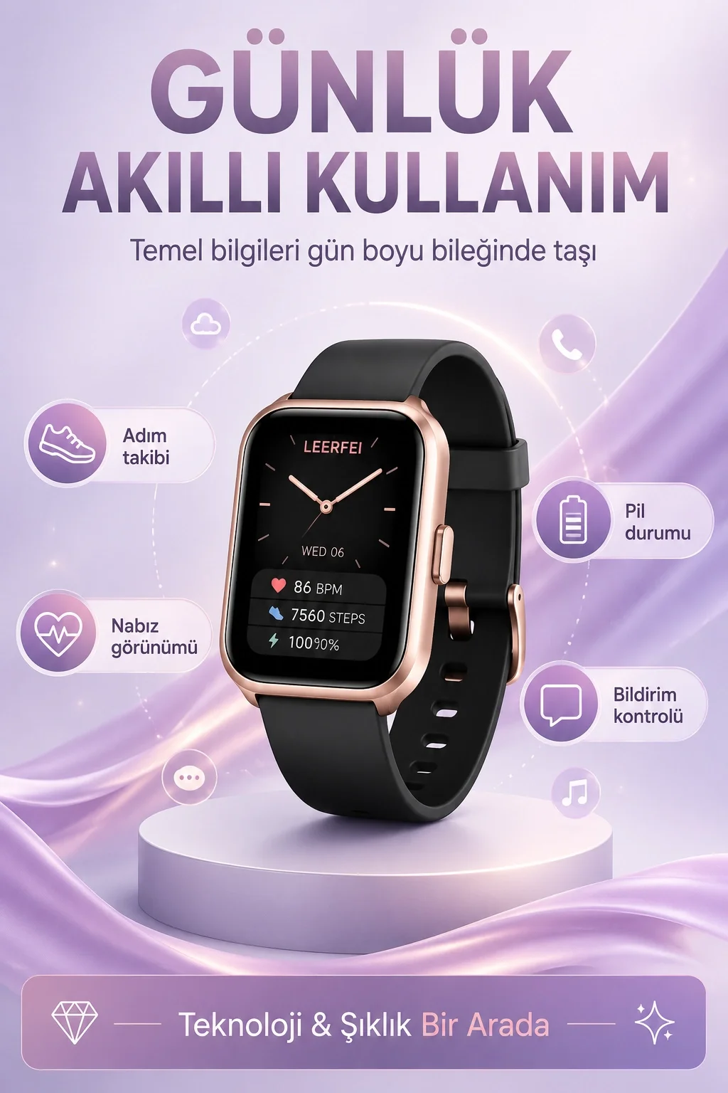 Telefon Uyumlu Rose Gold Akıllı Saat Kablosuz Şarj Destekli Şık Tasarımlı Kullanım