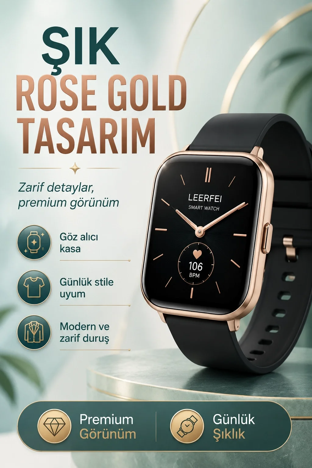Telefon Uyumlu Rose Gold Akıllı Saat Kablosuz Şarj Destekli Şık Tasarımlı Kullanım