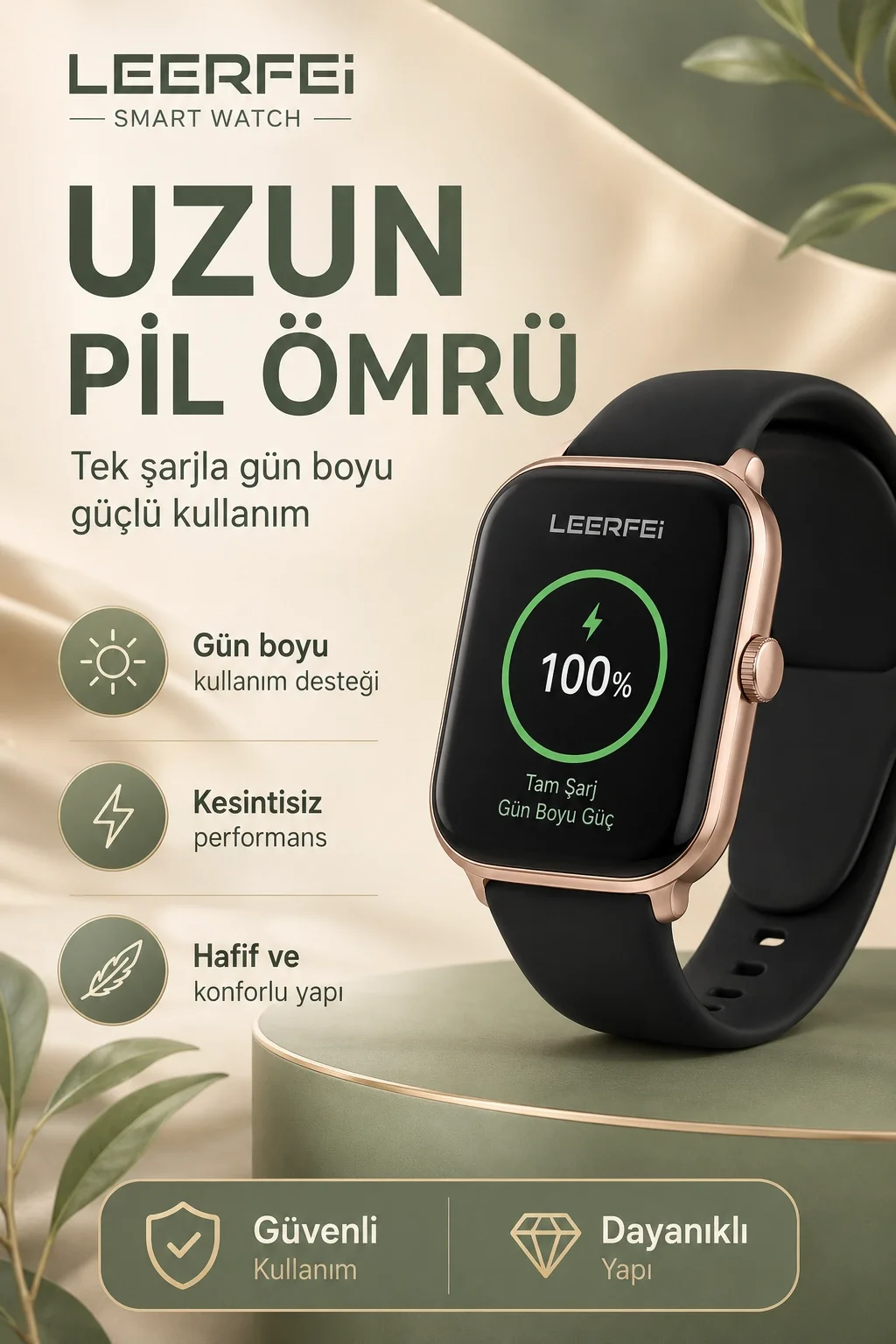 Telefon Uyumlu Rose Gold Akıllı Saat Kablosuz Şarj Destekli Şık Tasarımlı Kullanım