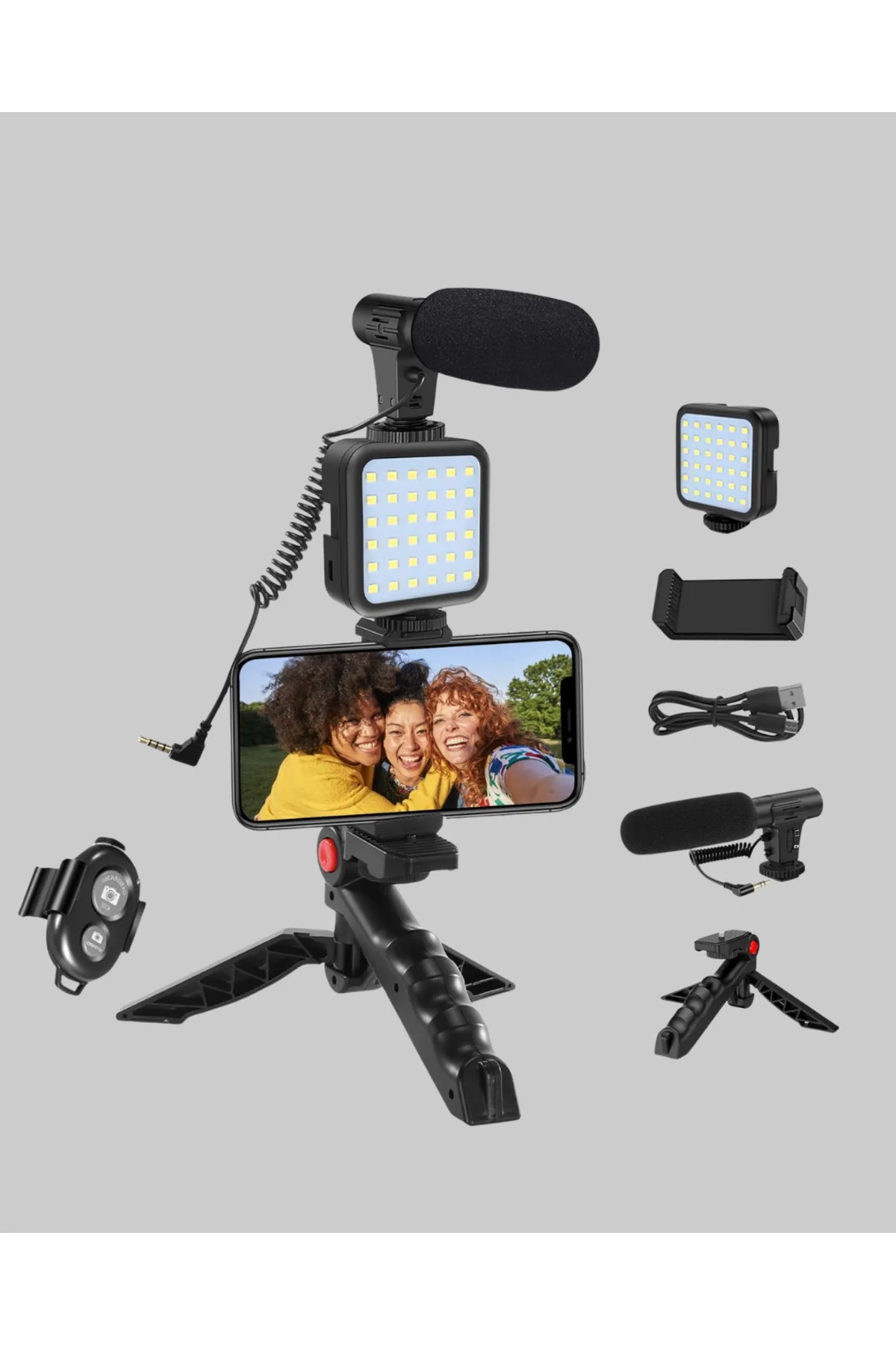 Telefon Video Çekim Kiti LED Aydınlatma Mikrofon Tripodlu Tam Set