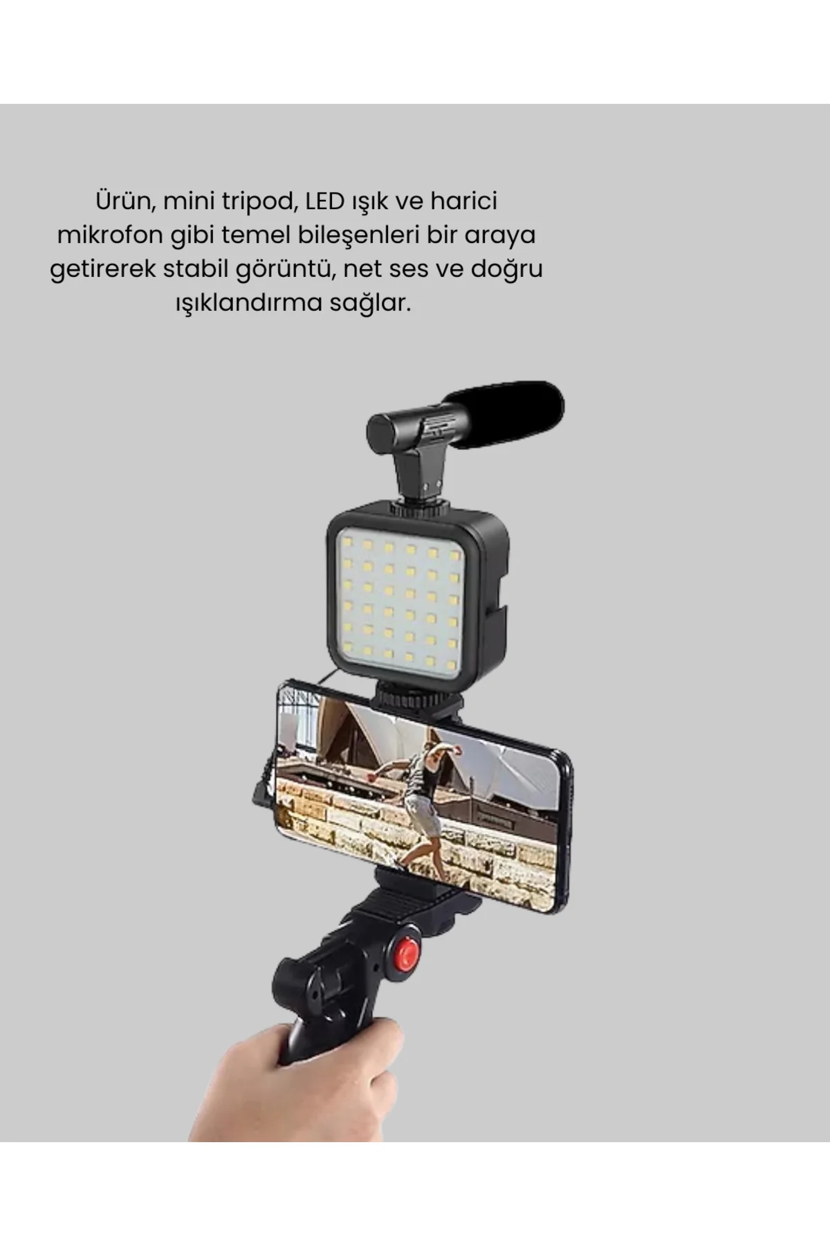 Telefon Video Çekim Kiti LED Aydınlatma Mikrofon Tripodlu Tam Set