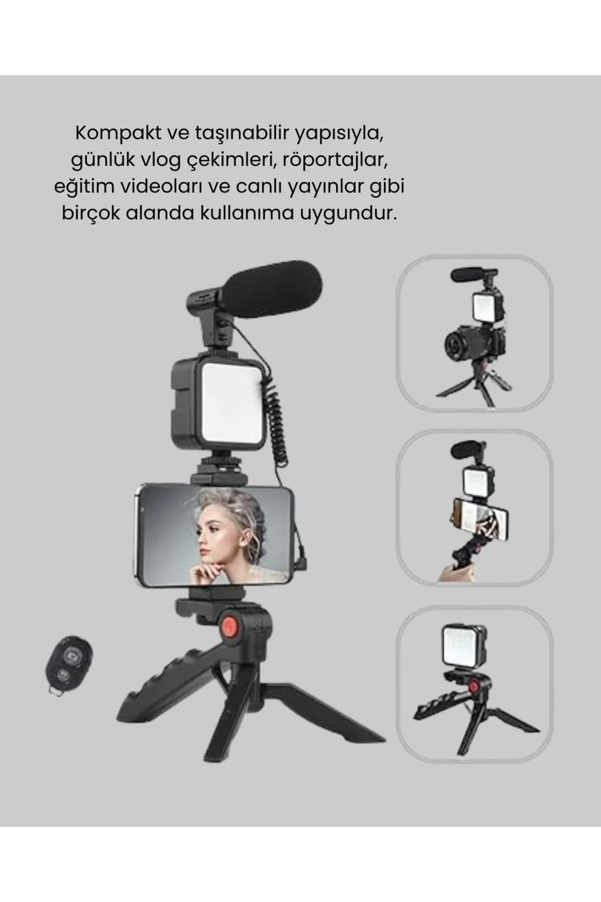 Telefon Video Çekim Kiti LED Aydınlatma Mikrofon Tripodlu Tam Set