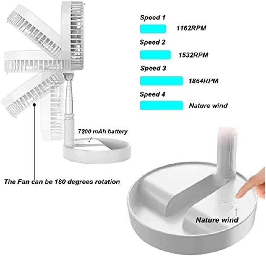Teleskopik Fan Vantilatör 4 Modlu Şarjlı Katlanabilir Yükseltileb