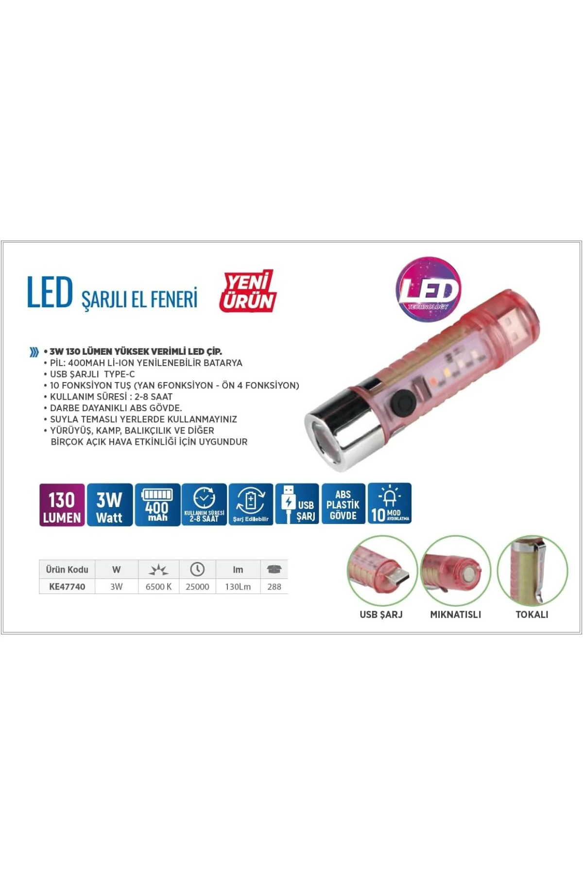 Telvesse Çakarlı Ledli Şarjlı 9 UV Işıklı SOS Acil Durum Anahtarl