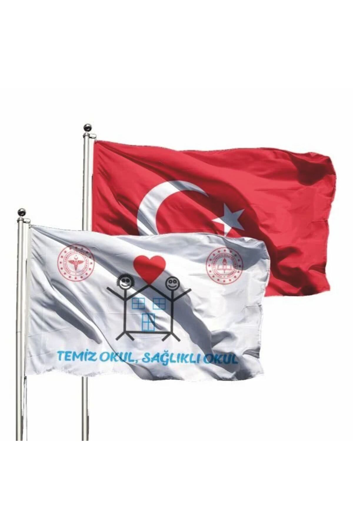 Temiz Okul Sağlıklı Okul Ve Türk Bayrağı 2li Set 70x105cm