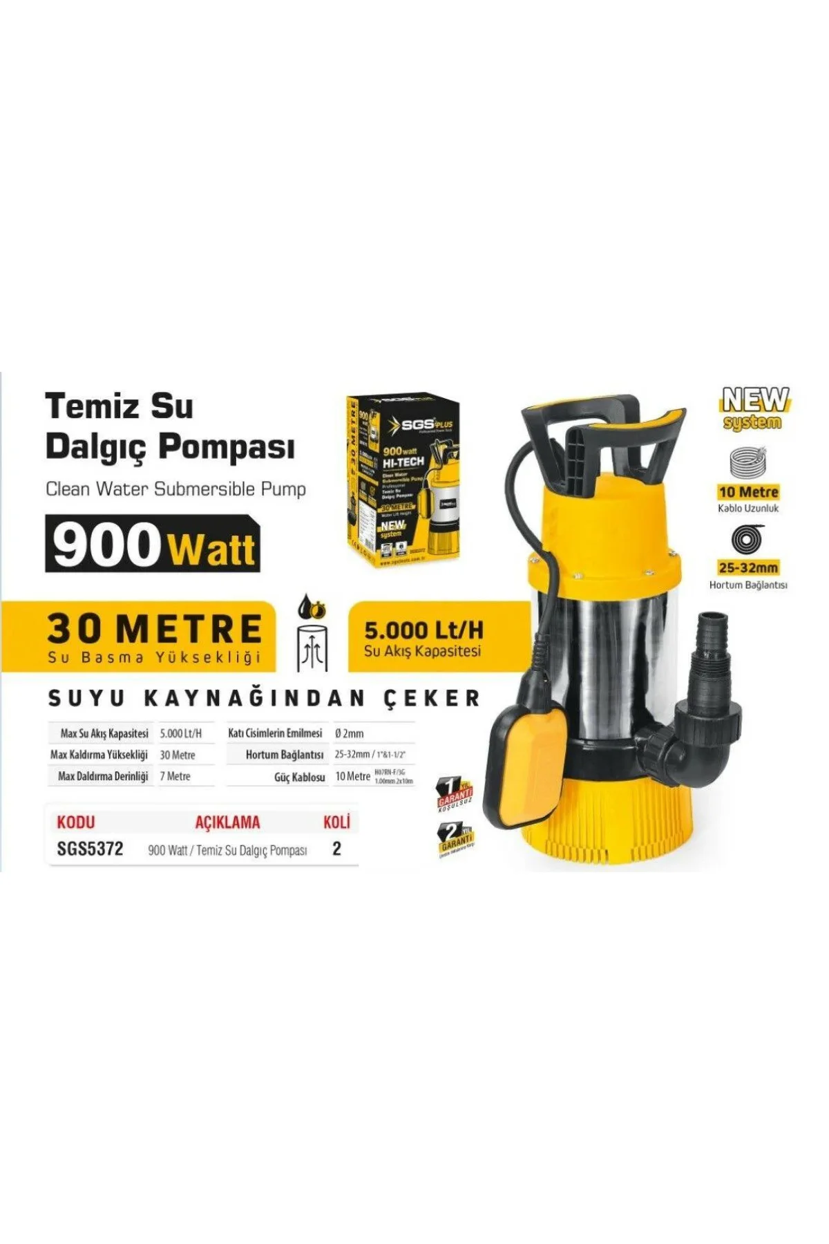 TEMİZ SU DALGIÇ POMPASI 900 WATT ( 30 METRE )