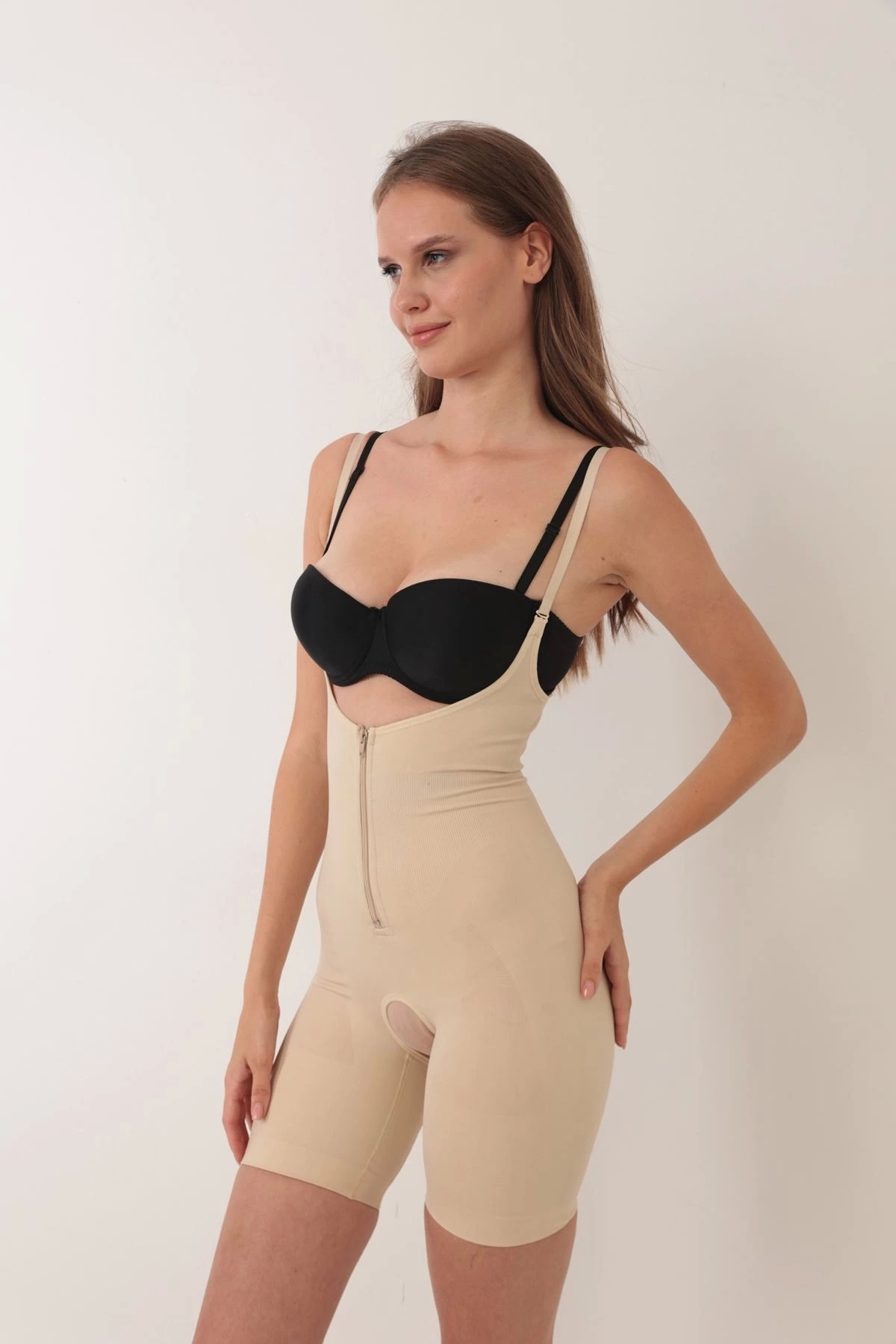 Kırmızı Cadde Ten İp Askılı Ağ Kısmı Açık Fermuarlı Tam Boy Kadın Korse