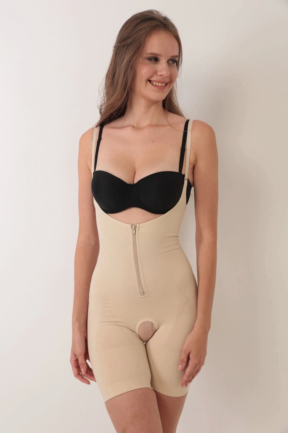 Kırmızı Cadde Ten İp Askılı Ağ Kısmı Açık Fermuarlı Tam Boy Kadın Korse