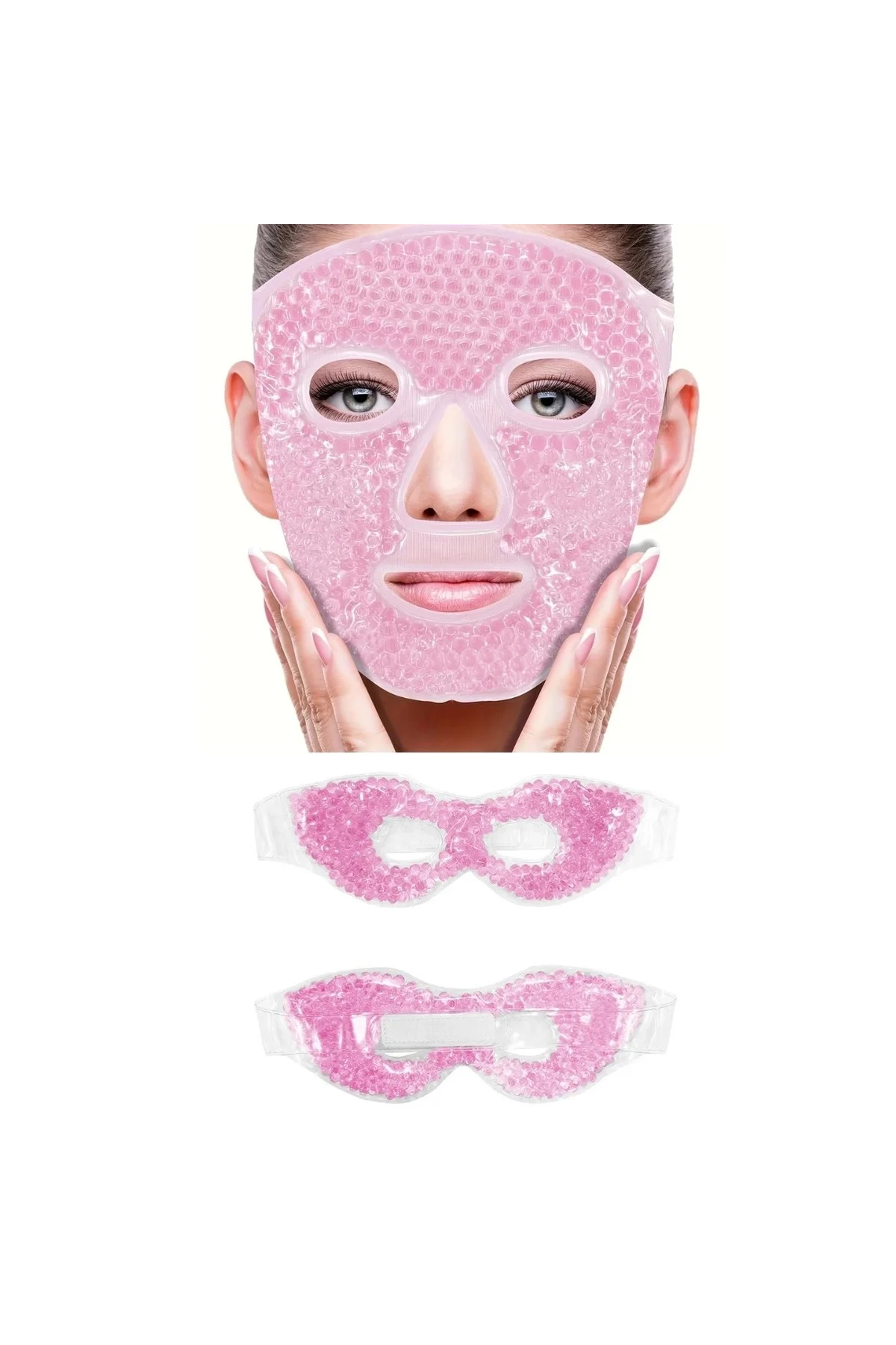 Terapi Jel Boncuklu Yüz ve Göz Maskesi Seti Pembe Sıcak ve Soğuk 