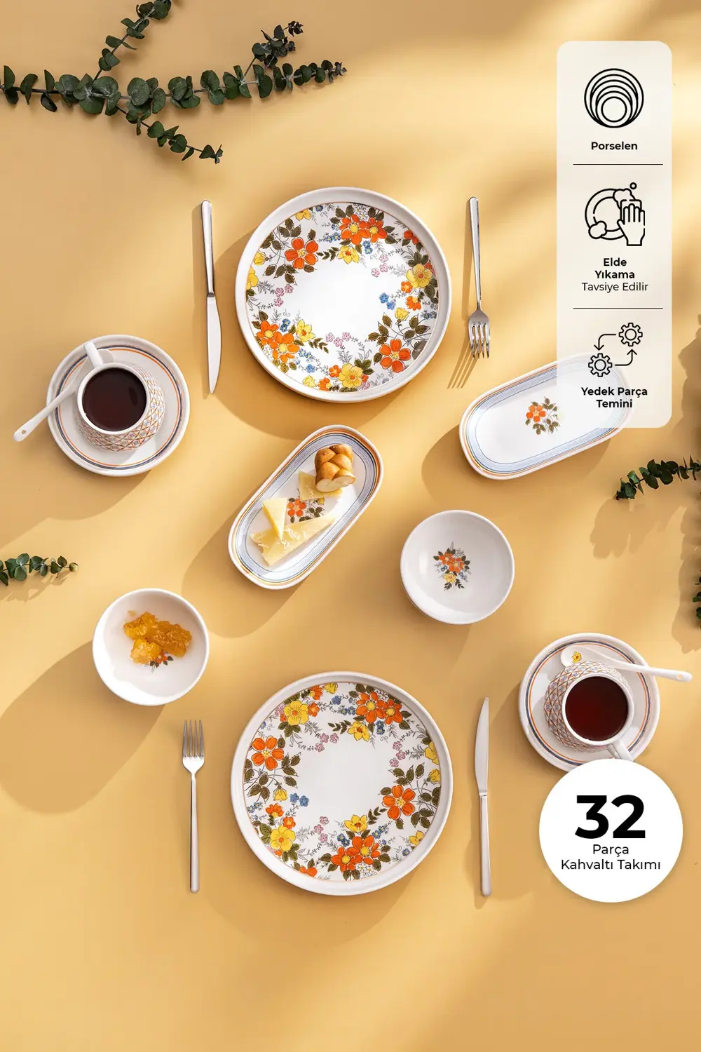 Teraryum Porselen 32 Parça 6 Kişilik Kahvaltı Servis Takımı