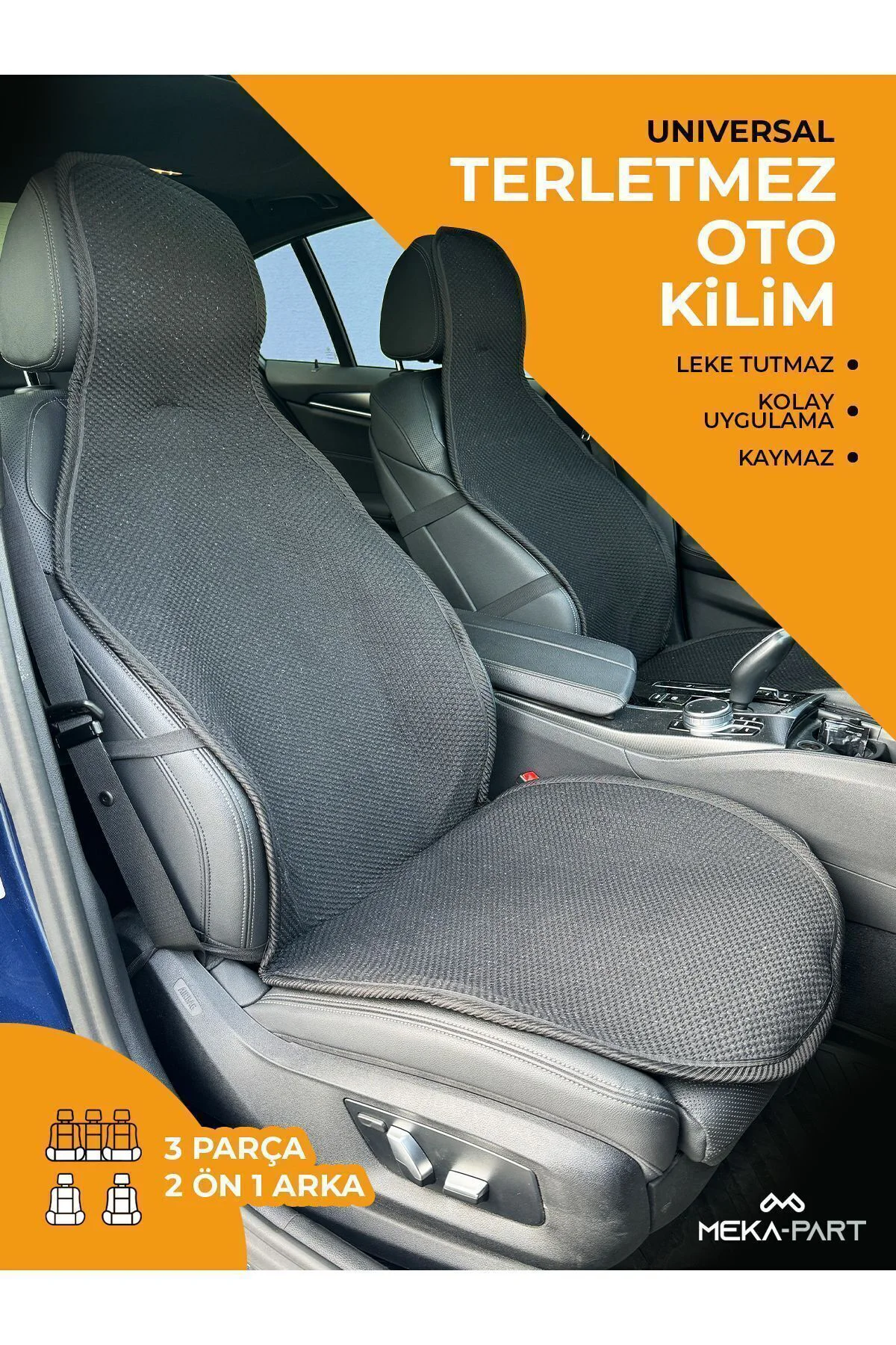 Terletmez Koltuk Koruyucu Kılıf Siyah 3 Lü Universal 2 Parça Ön 1