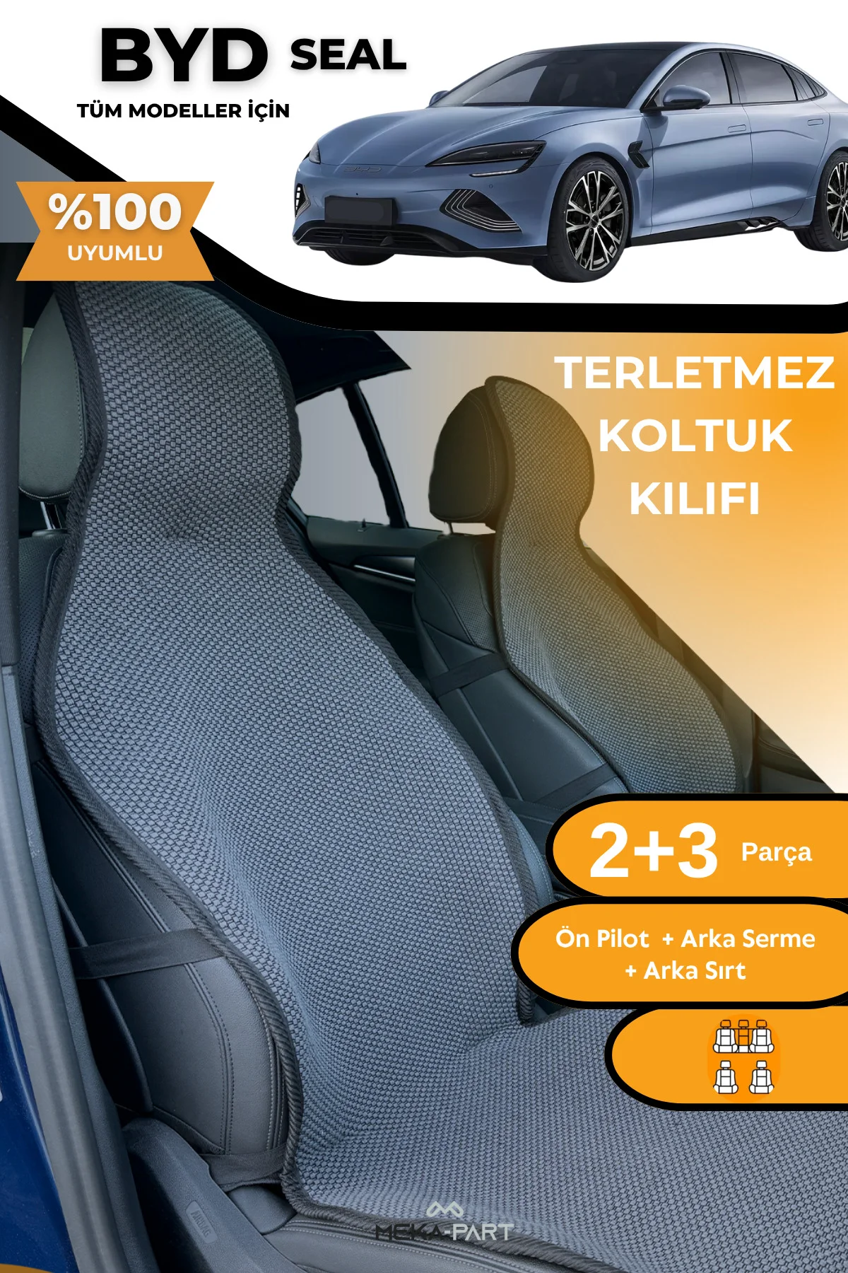 Terletmez Oto Koltuk Koruyucu Kılıf %100 Pamuk 5 li Tam Set Füme BYD Seal