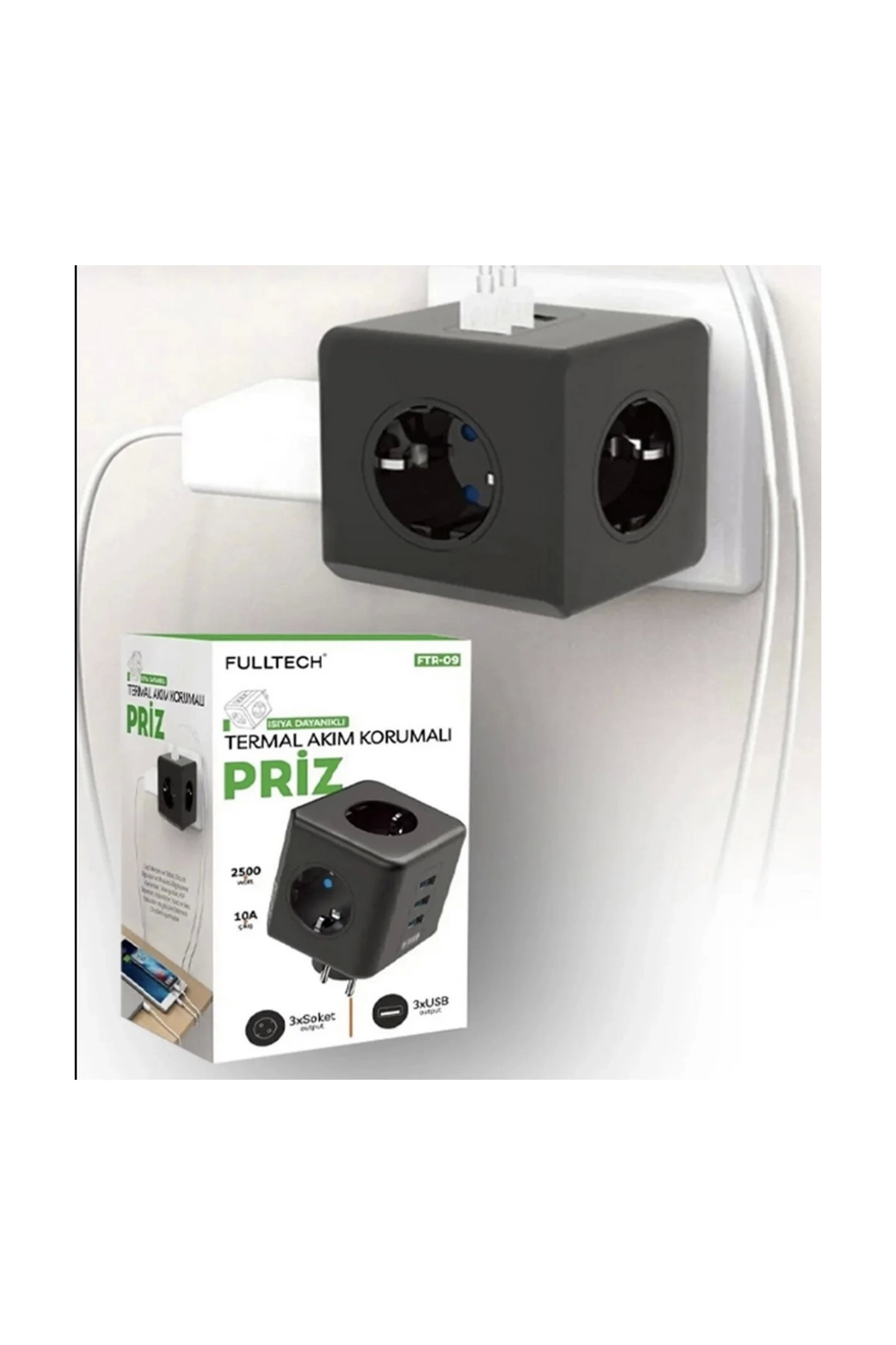 Termal Akım Korumalı Isıya Dayanıklı 3’lü Du Tipi Priz 3x Usb 1x