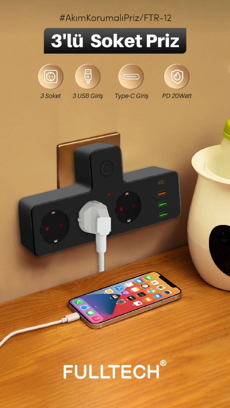 Termal Akım Korumalı Isıya Dayanıklı 3’lü Priz 3x Usb 1x Type-c